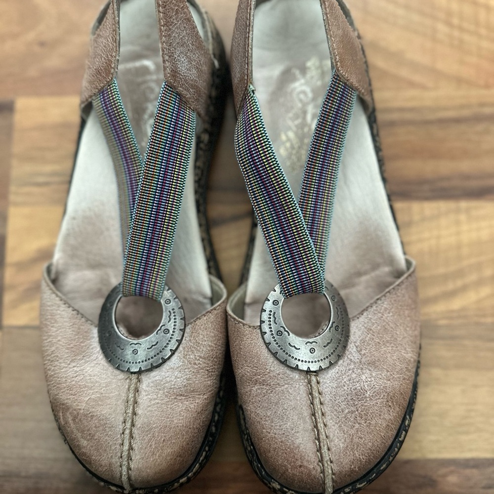 Rieker Comfort Mary Jane Flats EU 38 US 7.5 Brown Leather Rainbow Strap Boho